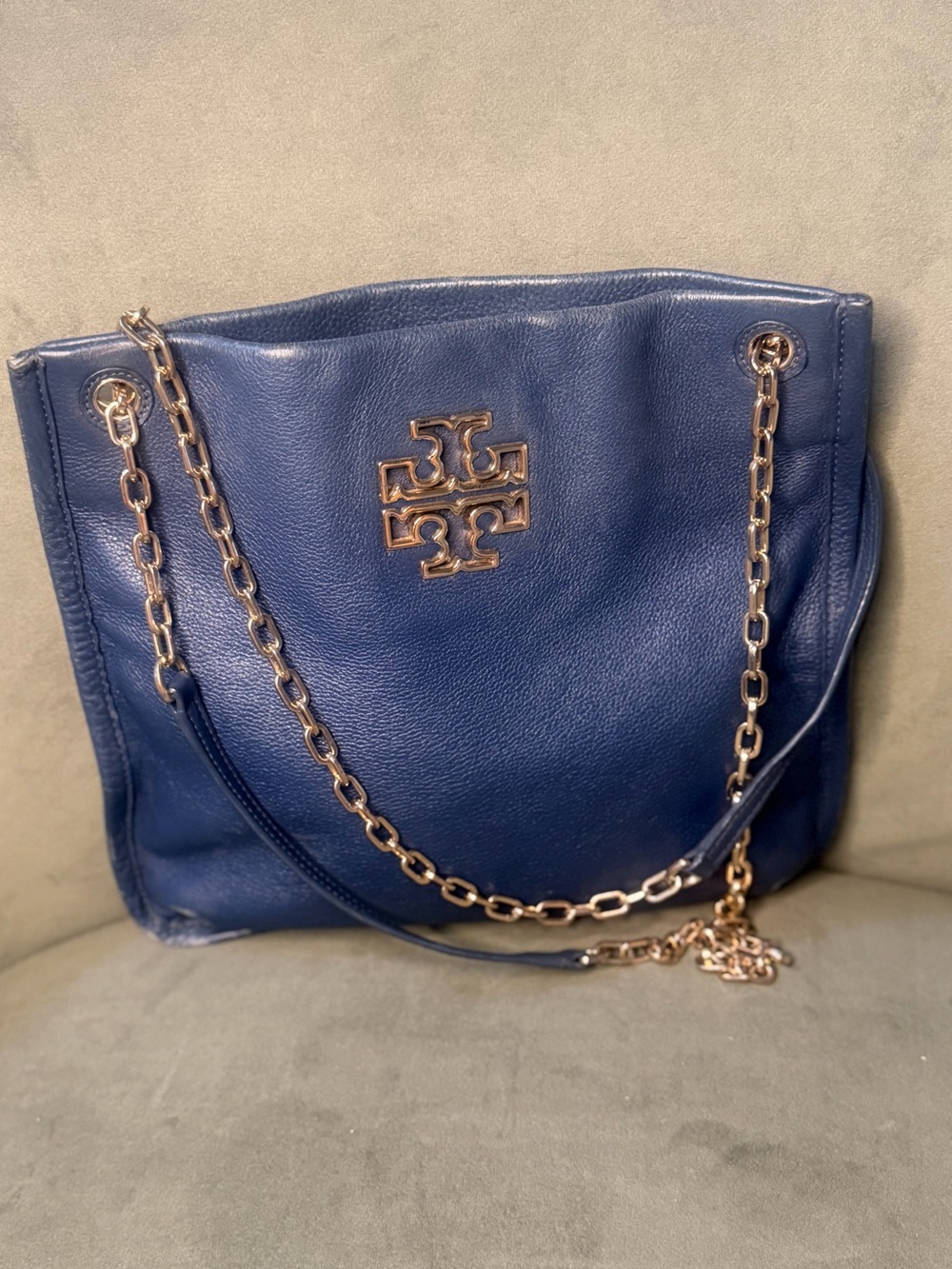 Tory Burch Navy Leather Tote with Gold Chain Trim